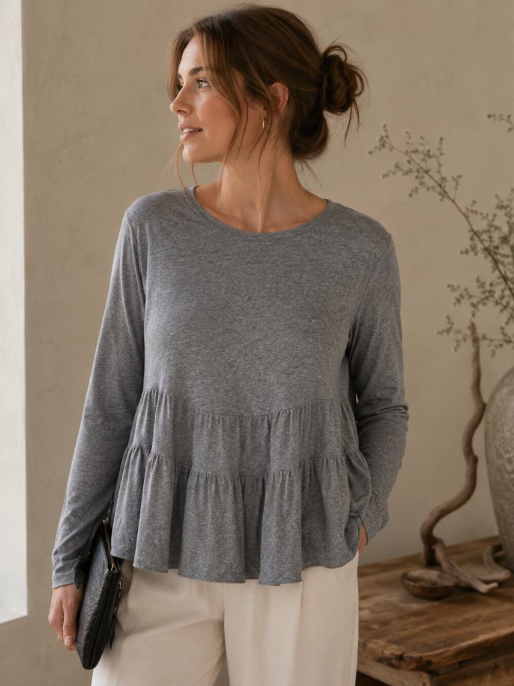 Trelise Cooper Gray Tiered Gray Long Sleeve Tunic Top
